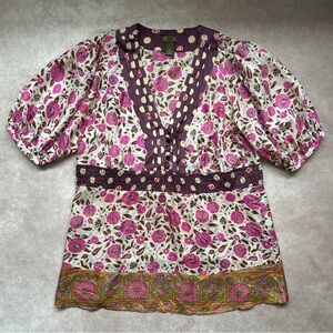 Fei Anthropologie 100% Silk Floral Pink Purple Princess Blouse Top 8